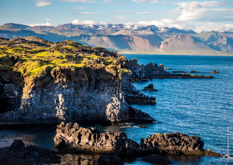 Paysage islandais avec cascade, formations de lave et végétation de mousse verte.
