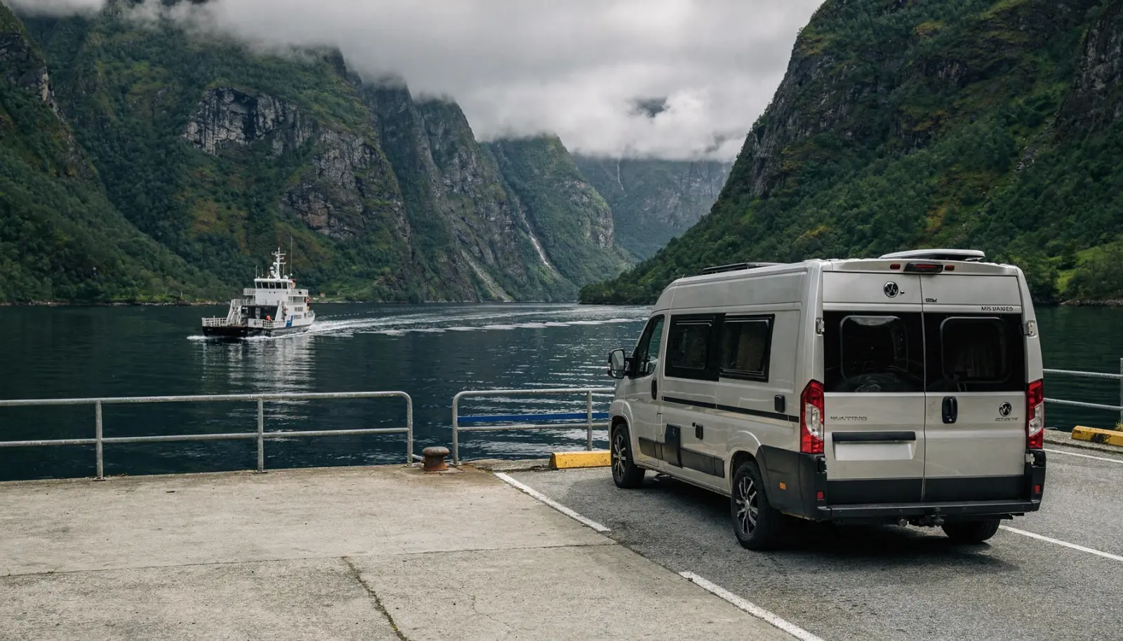 Un camping-car moderne attend sur un quai de traversée dans les fjords de l'Ouest norvégien, face à une montagne abrupte et verdoyante surplombant l'eau bleu profond.