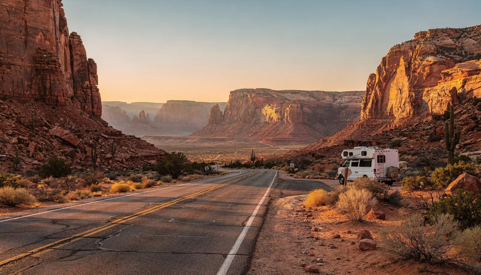 Un camping-car blanc garé sur un point de vue au bord d'une route désertique, face aux falaises de grès rouge et orange des canyons du sud-ouest américain, sous une lumière dorée.