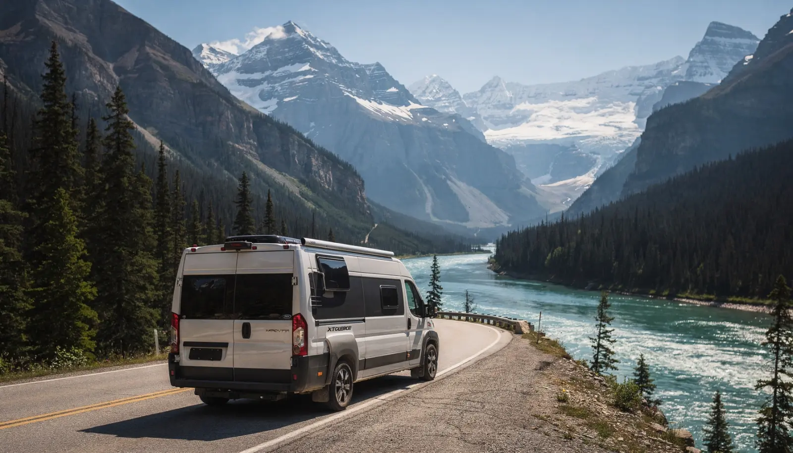 Un camping-car moderne roule sur une route sinueuse dans les Rocheuses canadiennes, encadré par des pics enneigés et une forêt de sapins, une rivière turquoise visible en contrebas.
