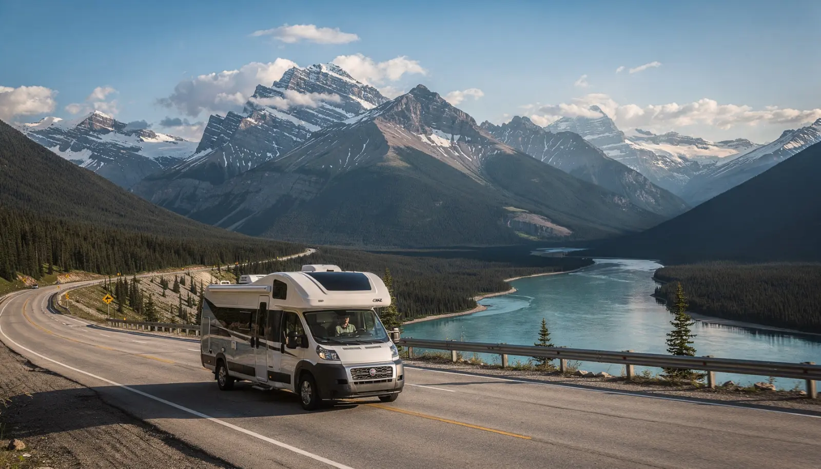 Un camping-car moderne serpente sur une route de montagne dans les Rocheuses canadiennes, encadré par des pics enneigés et une forêt dense de sapins, avec une rivière turquoise visible en contrebas.