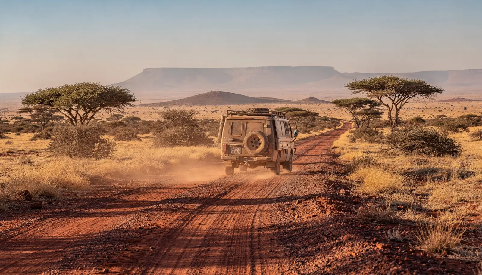 Un 4x4 aménagé roule sur une piste de gravier rougeâtre à travers la savane namibienne, herbes sèches dorées et acacias disséminés sous un ciel pâle dégagé.