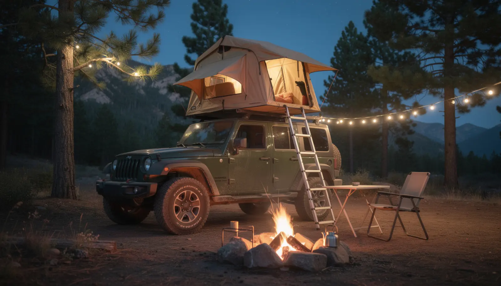 Un Jeep 4x4 moderne équipé d'une tente de toit déployée, installé sur un campement en Namibie pour la nuit.