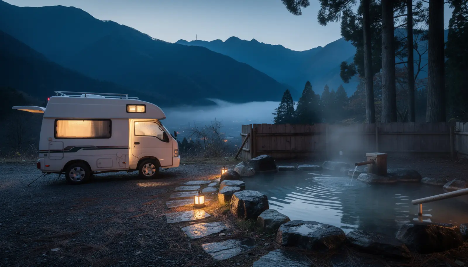 Un petit camping-car garé de nuit dans les Alpes japonaises, face à un onsen en plein air entouré de bois et de pins, vapeur montant dans l'air frais du crépuscule bleuté.