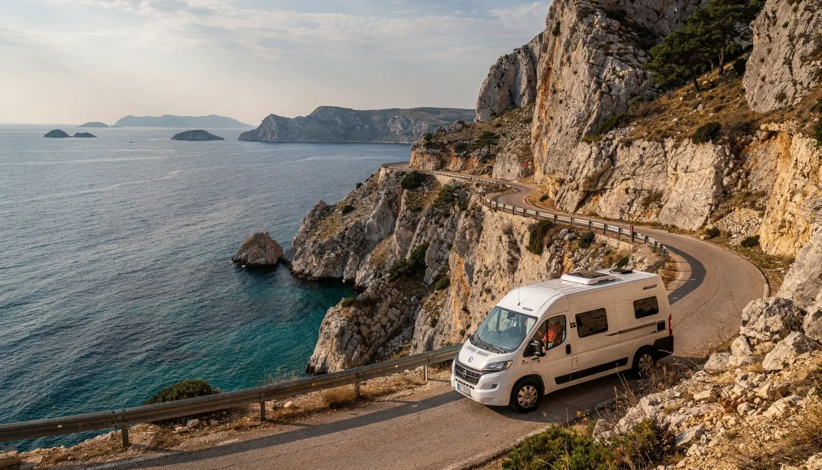 Camping-car sur une route sinueuse taillée dans les falaises calcaires au-dessus de l'Adriatique turquoise