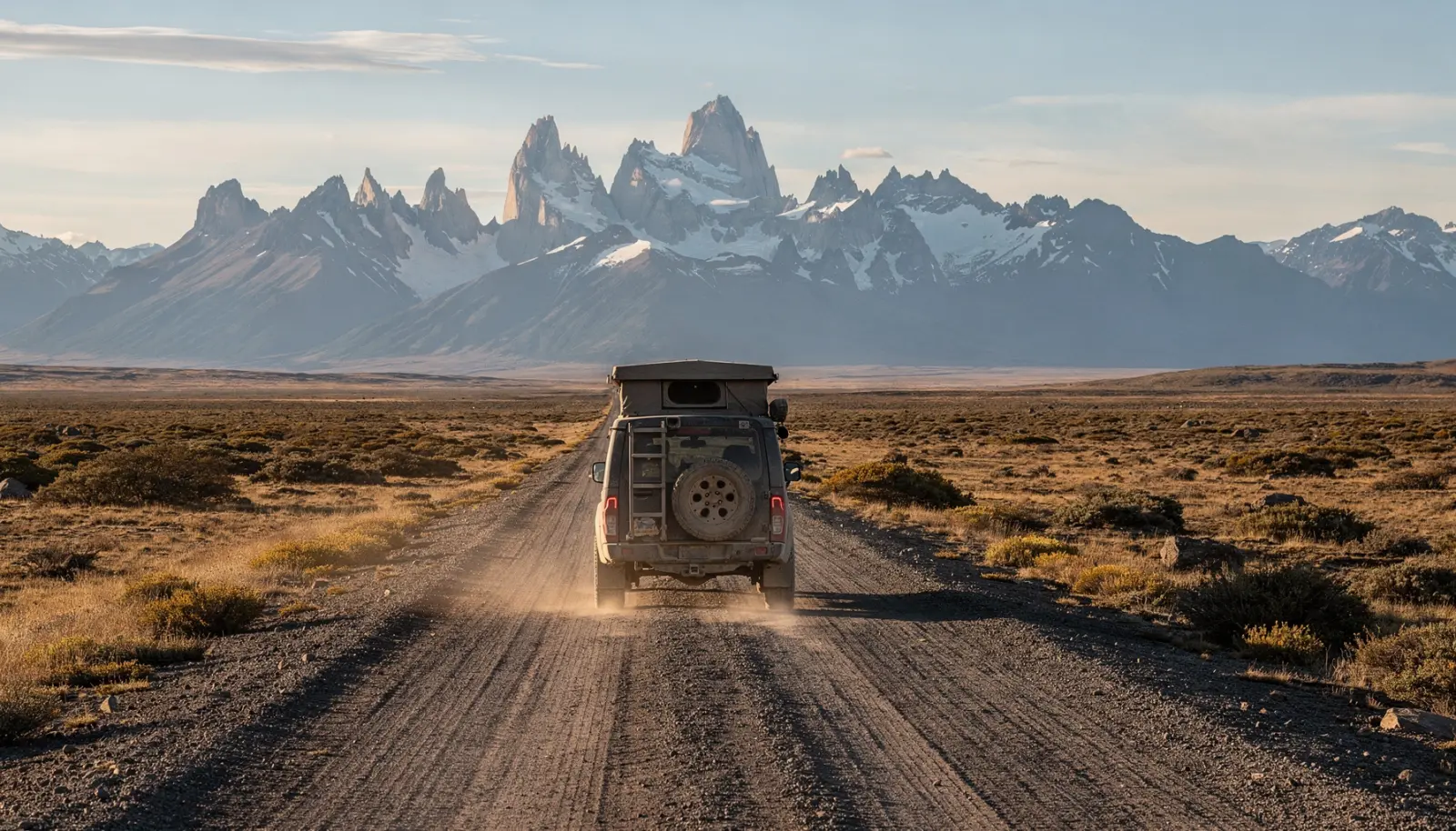 4x4 avec tente de toit roulant sur une piste de gravier rectiligne, steppe aride et montagnes enneigées au loin