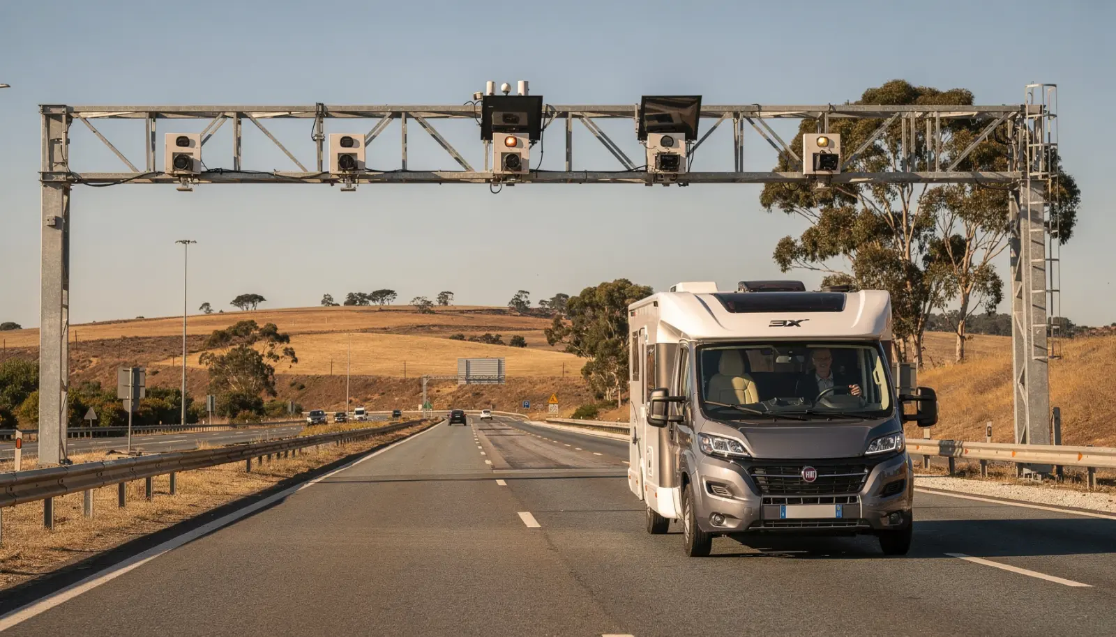 Un camping-car roule sous un portique de péage électronique, collines et eucalyptus en arrière-plan