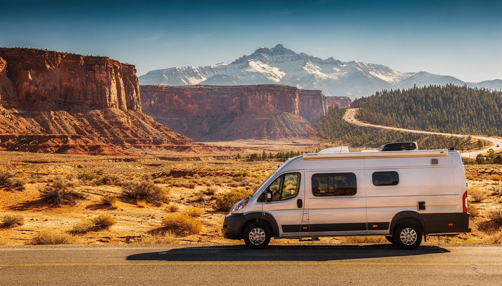 Camping-car garé sur une route désertique bordée de roches rouges, montagnes enneigées en arrière-plan